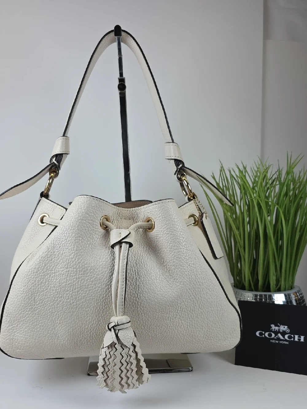 Coach Everly White Pebbled Leather Drawstring Shoulder Bag